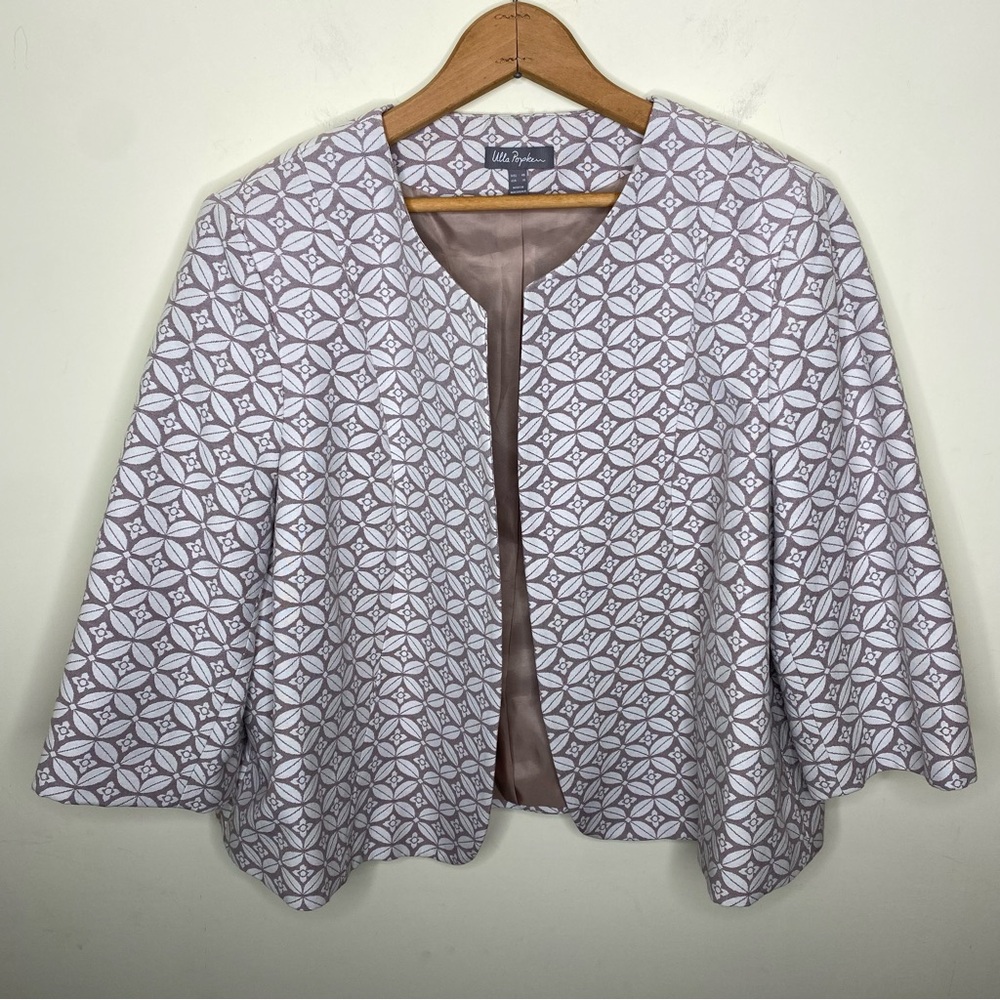 Ulla Popken Size 18 Geometric Patterned Cream and Grayish Brown Open Blazer